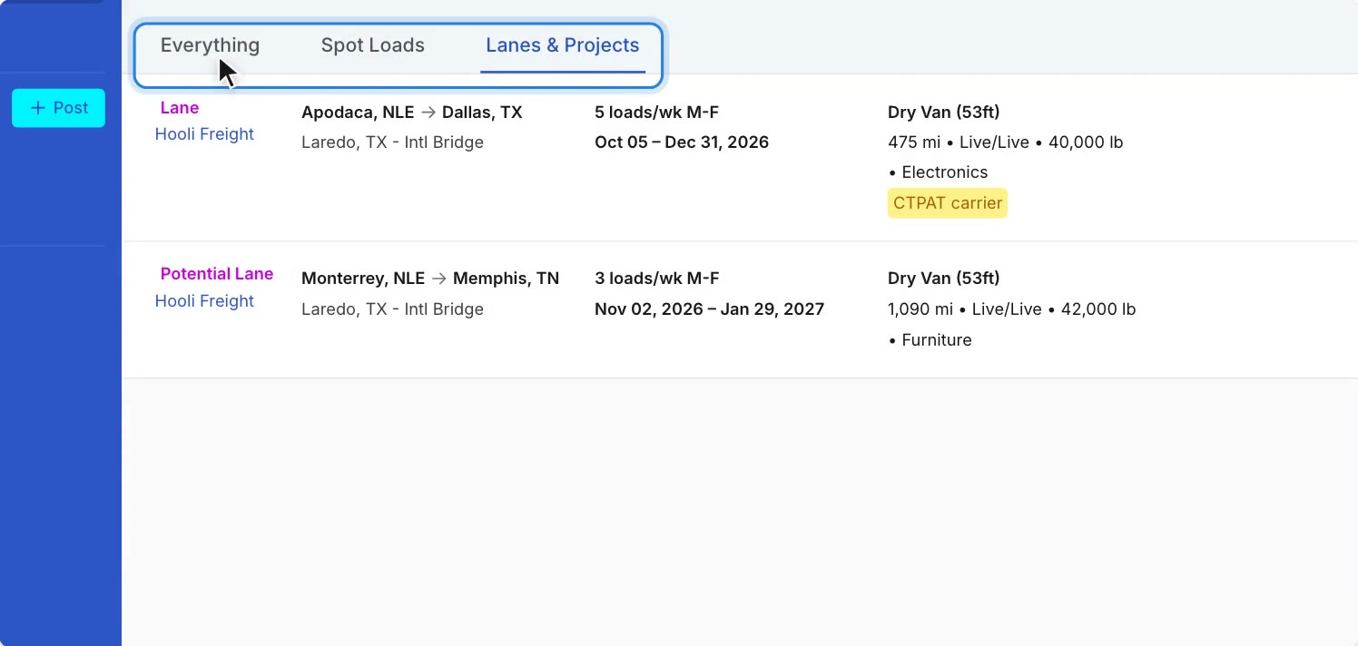 Spot loads or lanes: product clip