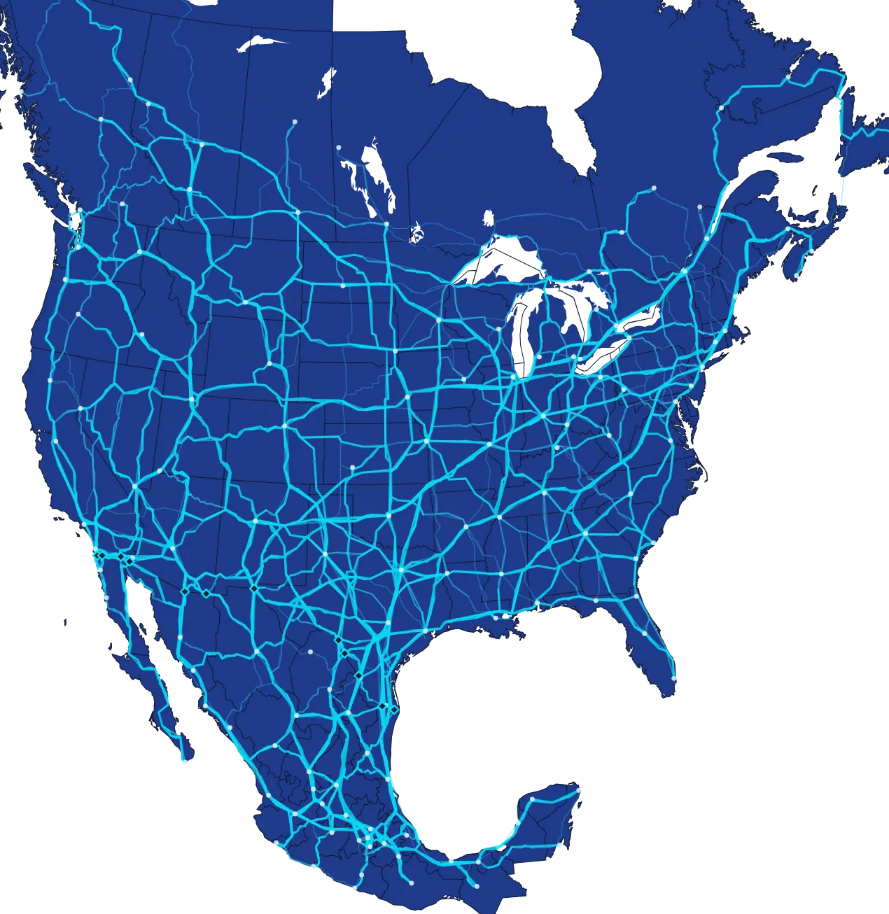 Map of the lanes on Cargado across the USA, Mexico and Canada