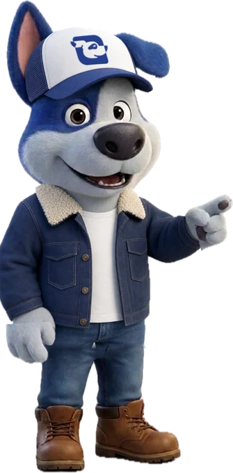 Meatball, Cargado's mascot, in a trucker cap, pointing down the road