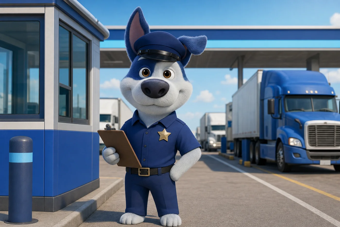 Meatball, Cargado's dog mascot, dressed as a border officer next to a truck at a commercial crossing