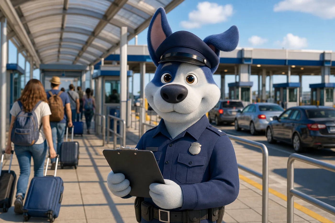Meatball, Cargado's dog mascot, dressed as a border officer at a pedestrian crossing as travelers walk through and cars wait at the inspection booths