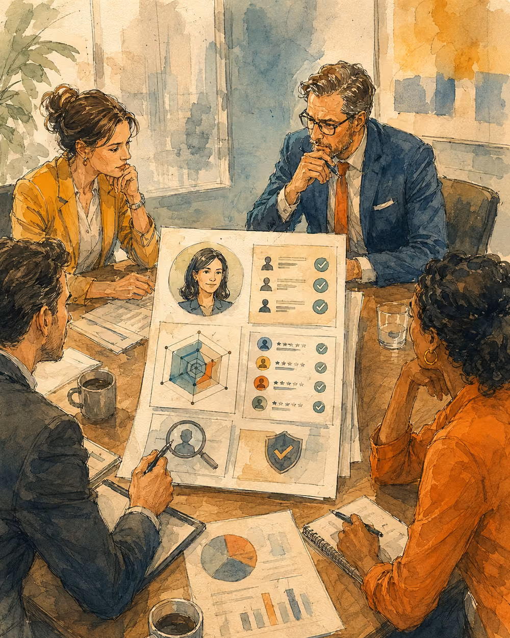 Illustration of a team reviewing a candidate profile and employment documents