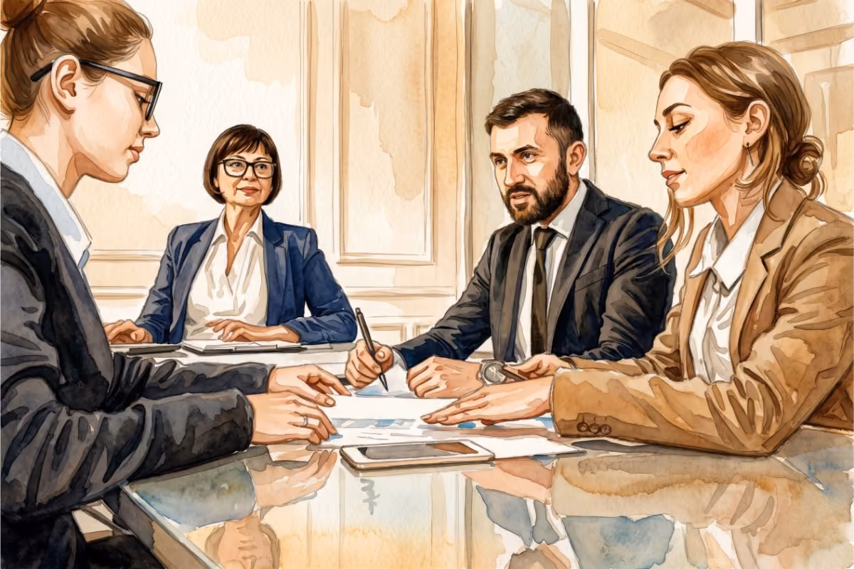 A group of businesspeople gathered around a conference table during a meeting, looking at papers and collaborating.