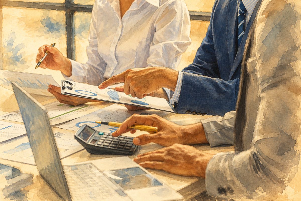Illustration of an administrator handling payroll paperwork for a worker on assignment