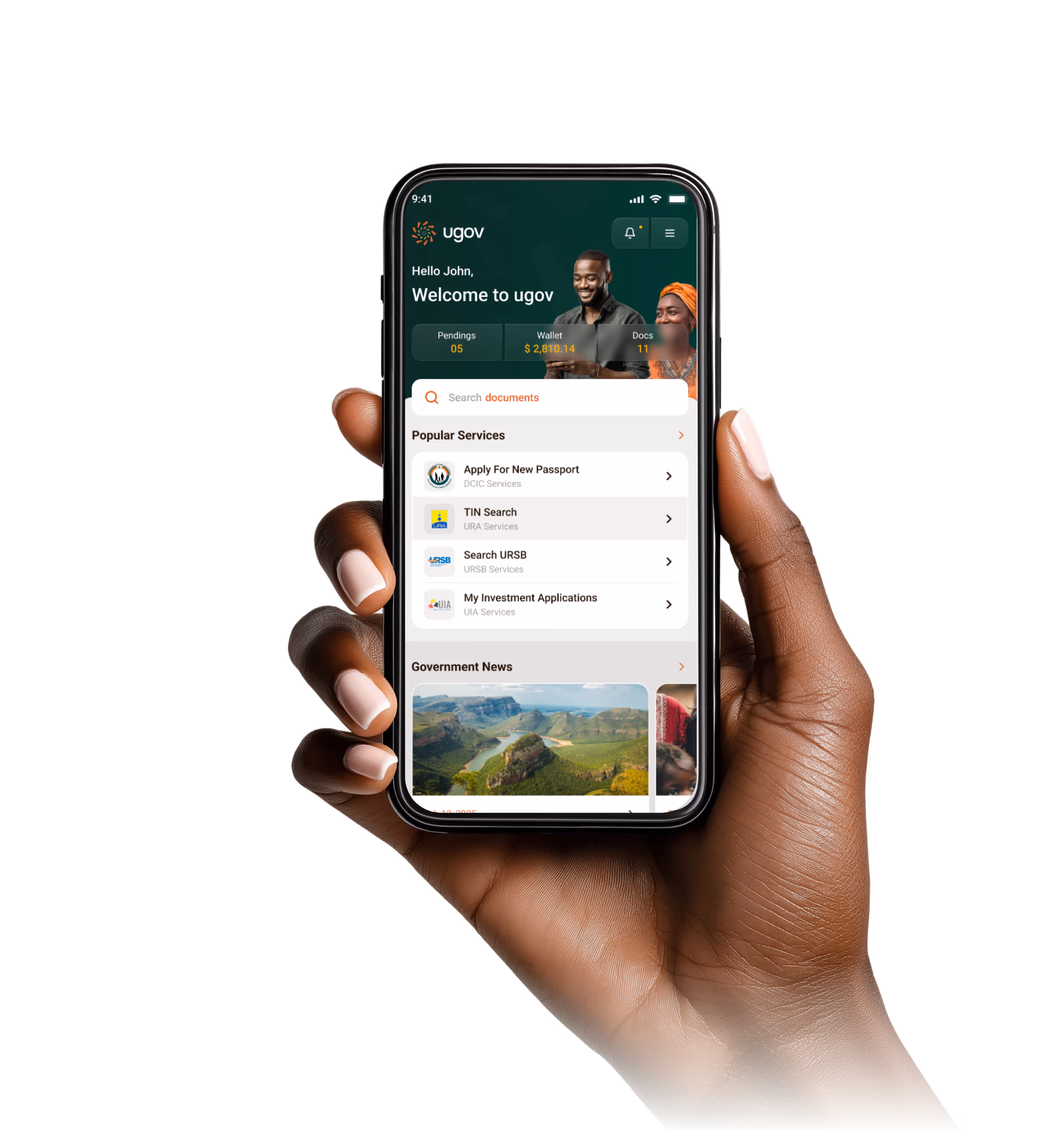 Hand holding smartphone displaying the ugov app with services like Apply For New Passport, TIN Search, Search URSB, and My Investment Applications.