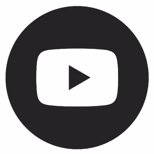 Black circle containing a white play button resembling the YouTube logo.