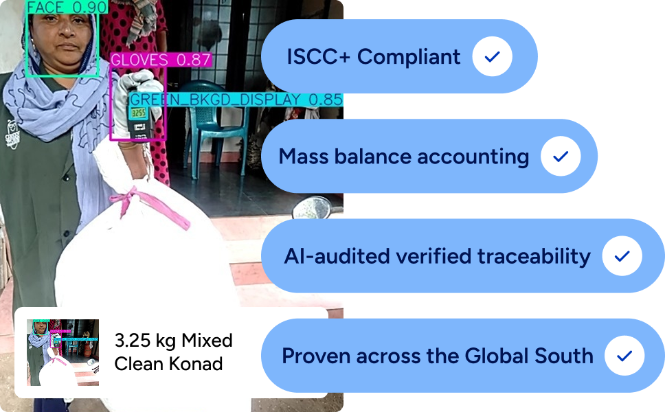 A woman holding a bag of mixed waste being analysed by AI to check for child labor, correct use of PPE and verifying the data claim of the waste logged in the Global South.