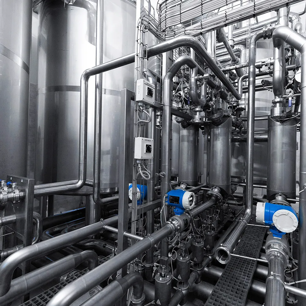 Complex stainless steel industrial pipes and machinery