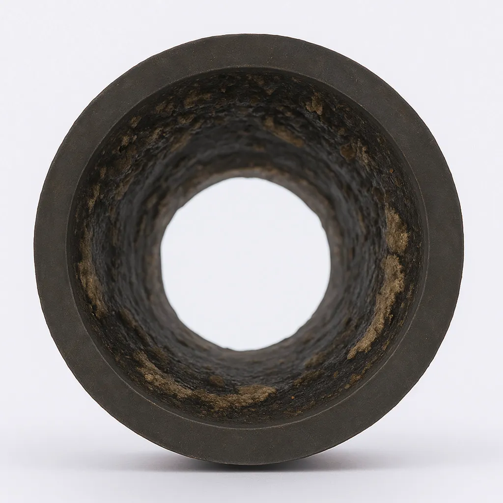 Close-up view looking down the interior of a corroded metal pipe with rough, dark surfaces.