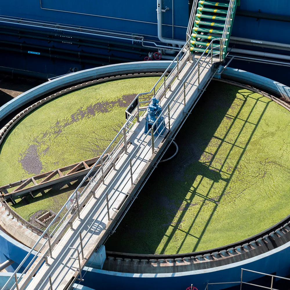 Aerial view of a circular wastewater treatment tank with green algae and a metal walkway crossing over it.