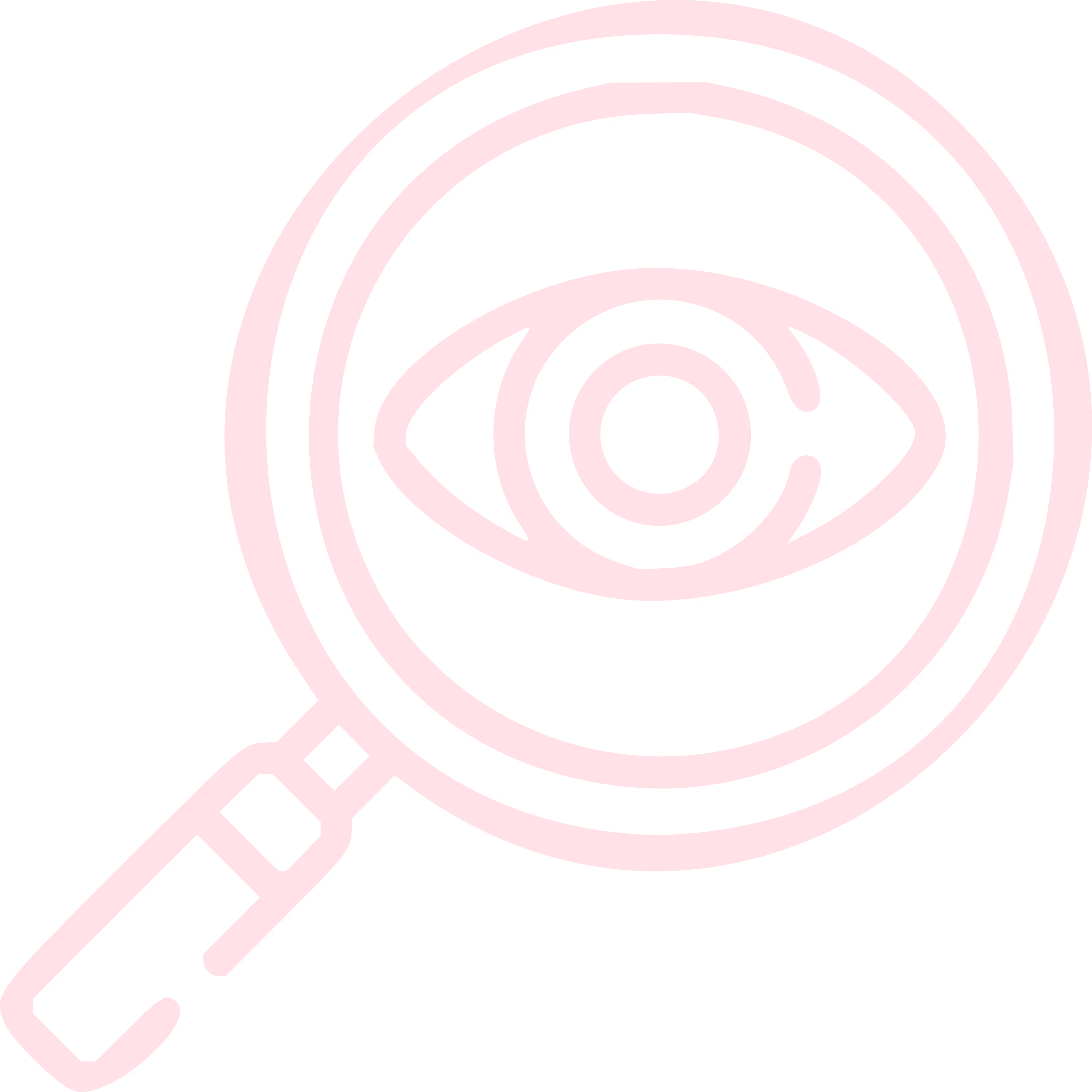 Pink magnifying glass icon with an eye inside the lens.