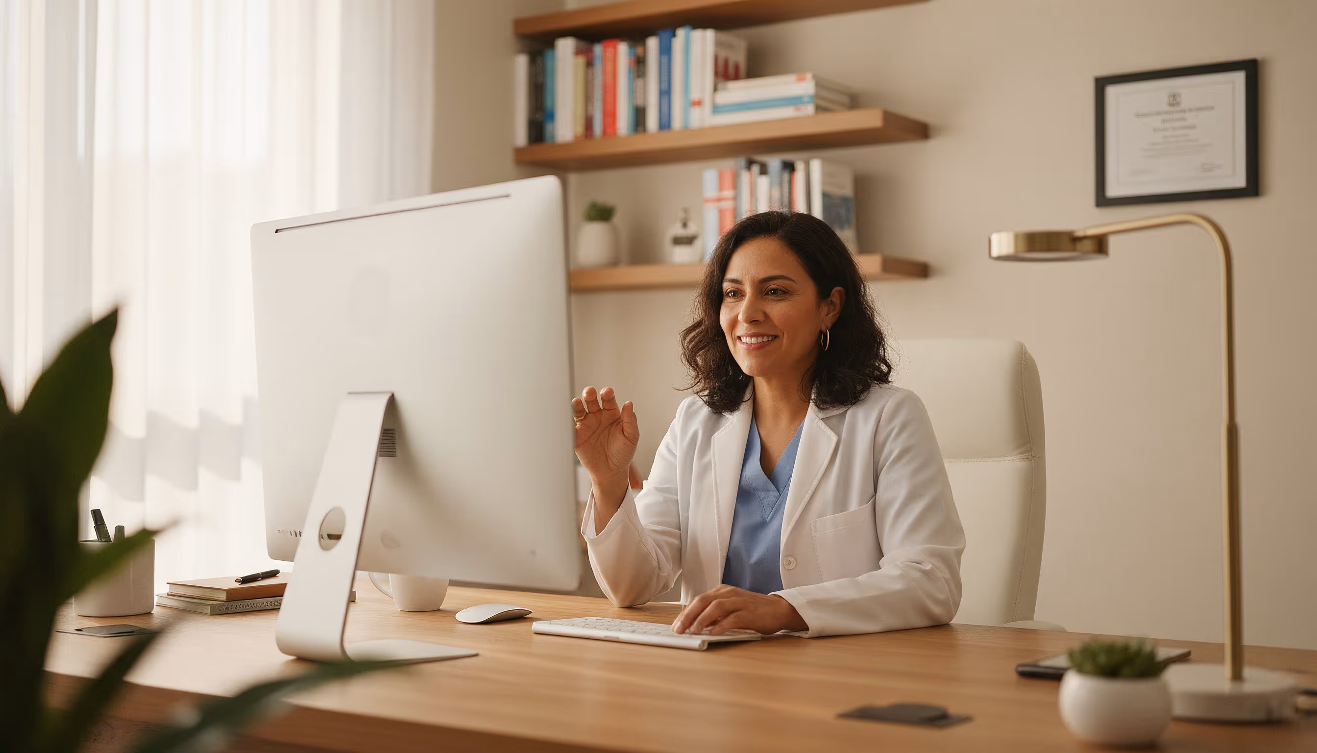 Medico mujer ateniendo clientes