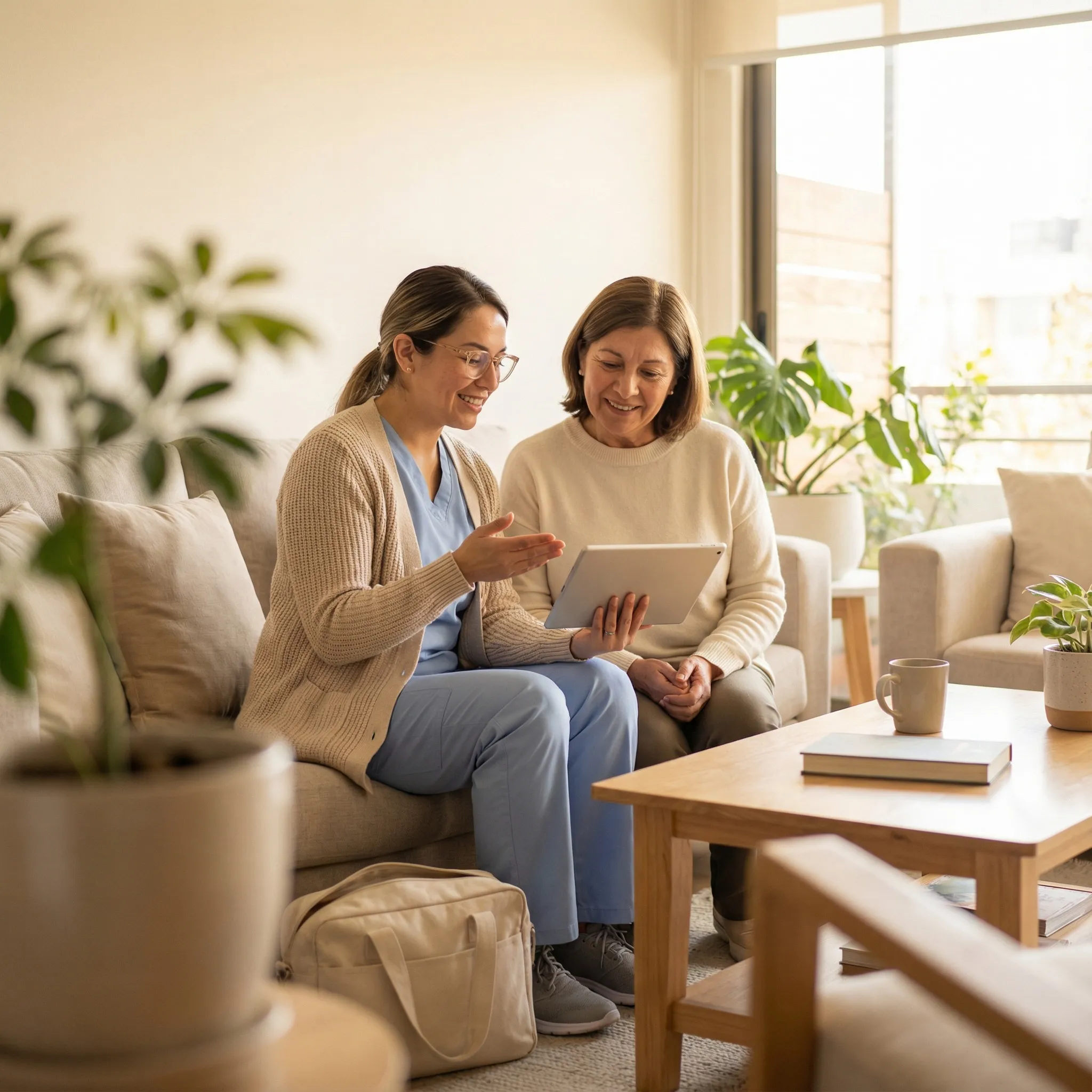 Enfermera y paciente mirando una tablet juntas