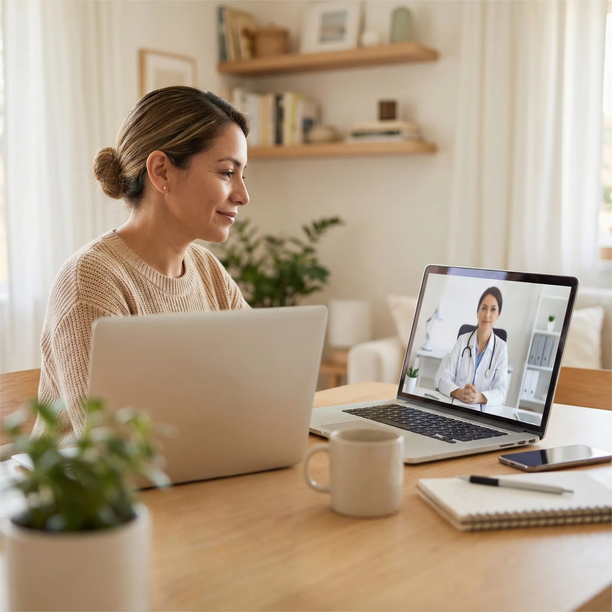 Paciente siendo atendida por su medico a través de su laptop
