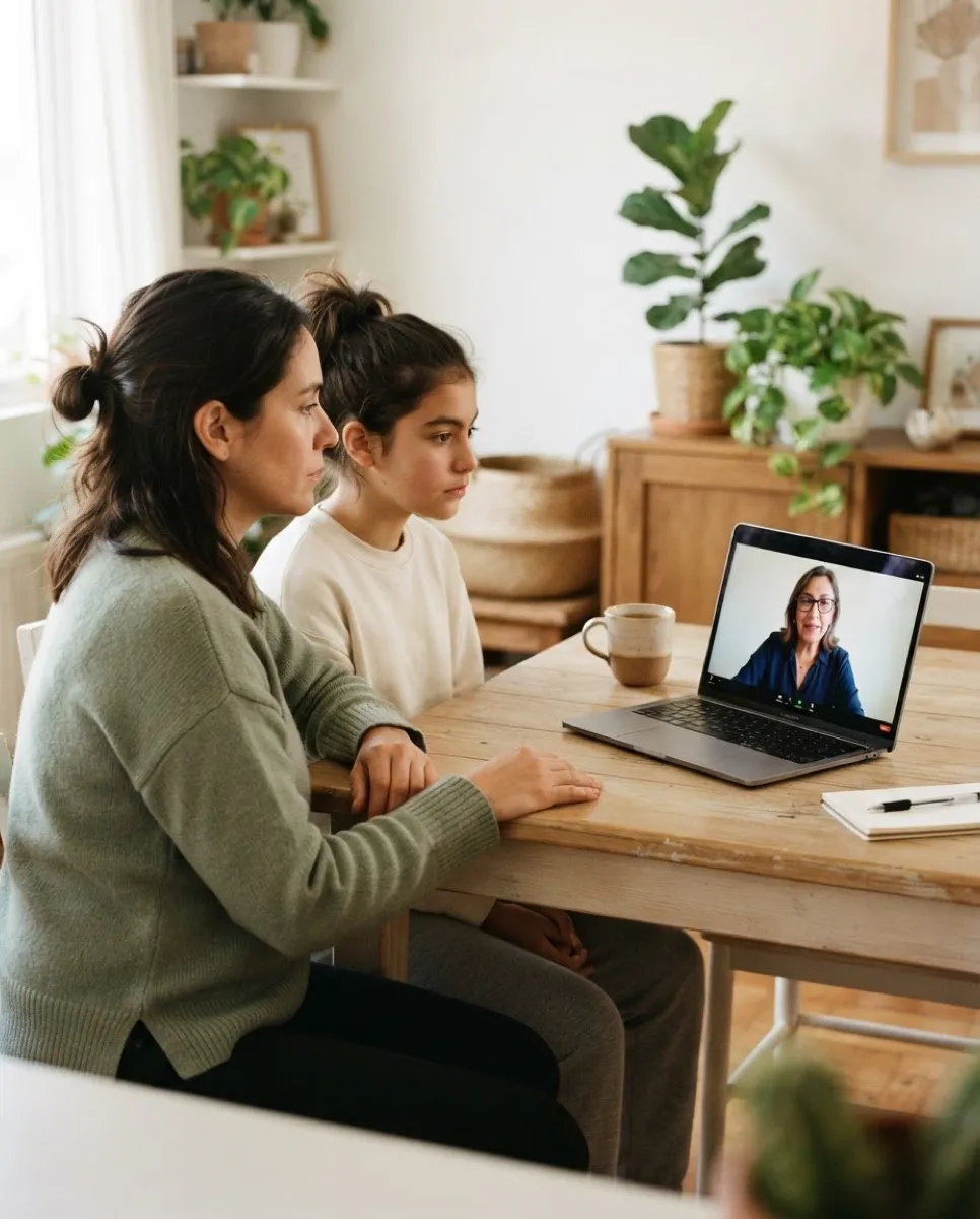 Una madre y su hija adolescente conversan por videollamada con una psicóloga