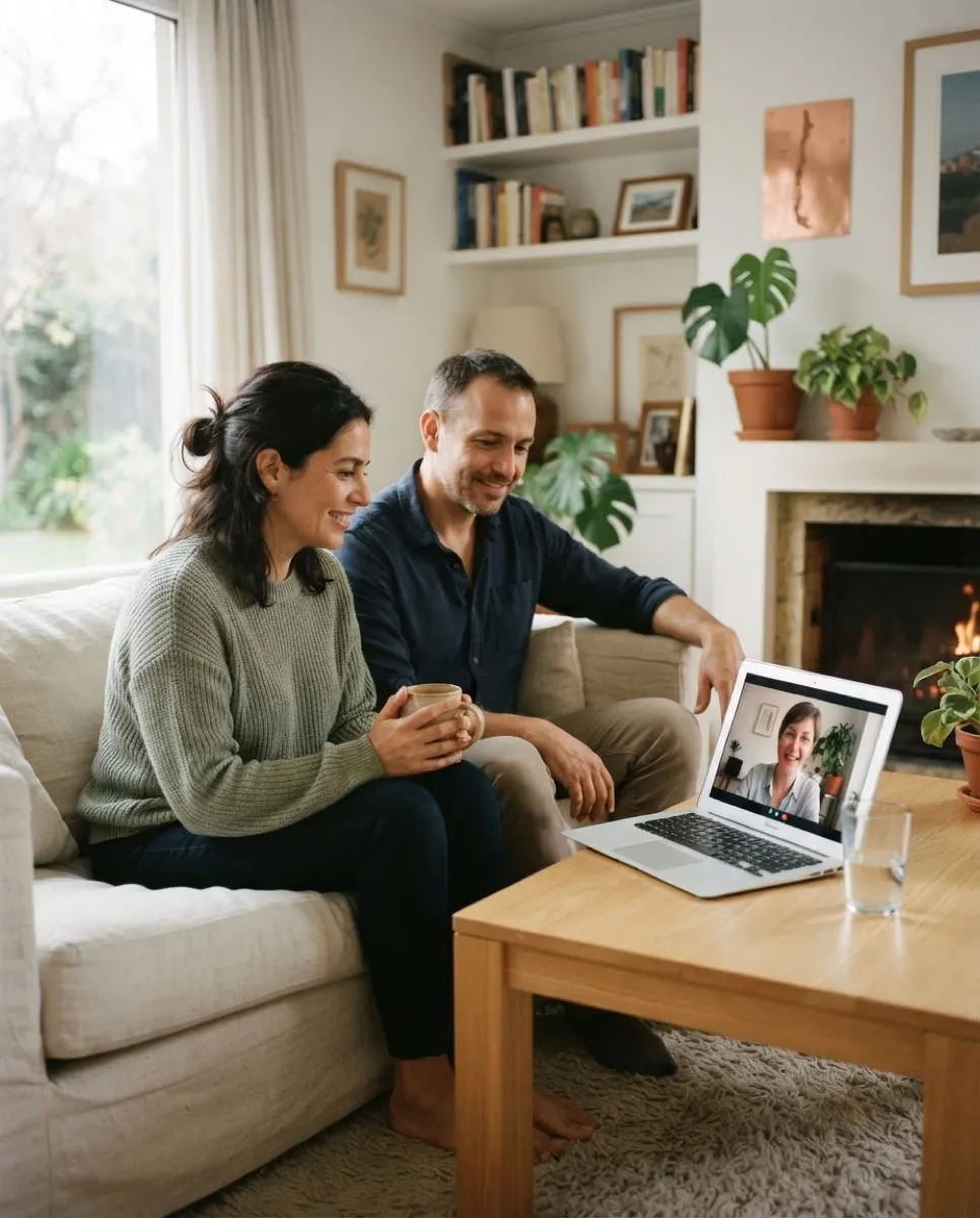 Una pareja en el sofá conversa por videollamada con una psicóloga