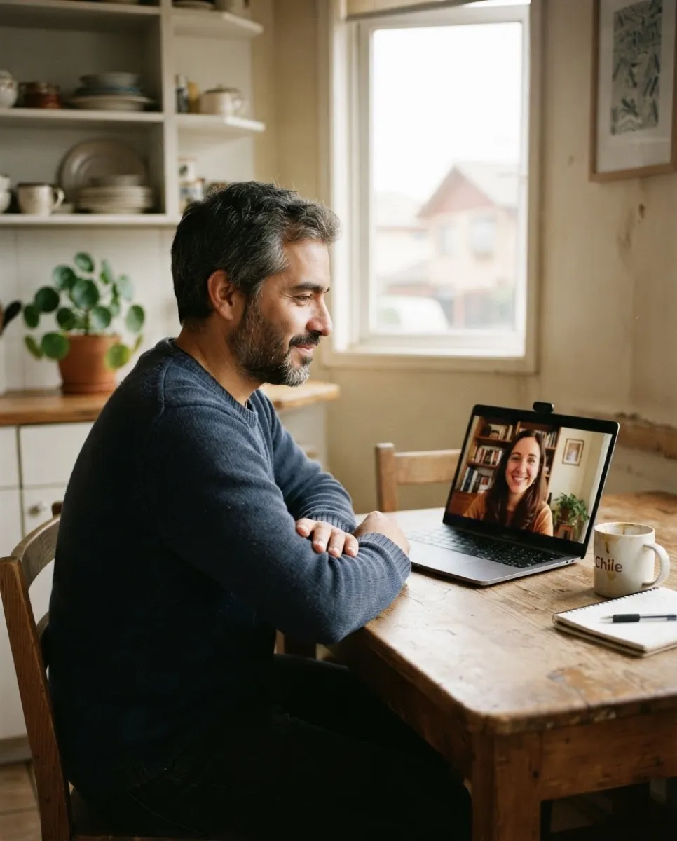 Un hombre conversa por videollamada con una psicóloga desde la mesa de su cocina