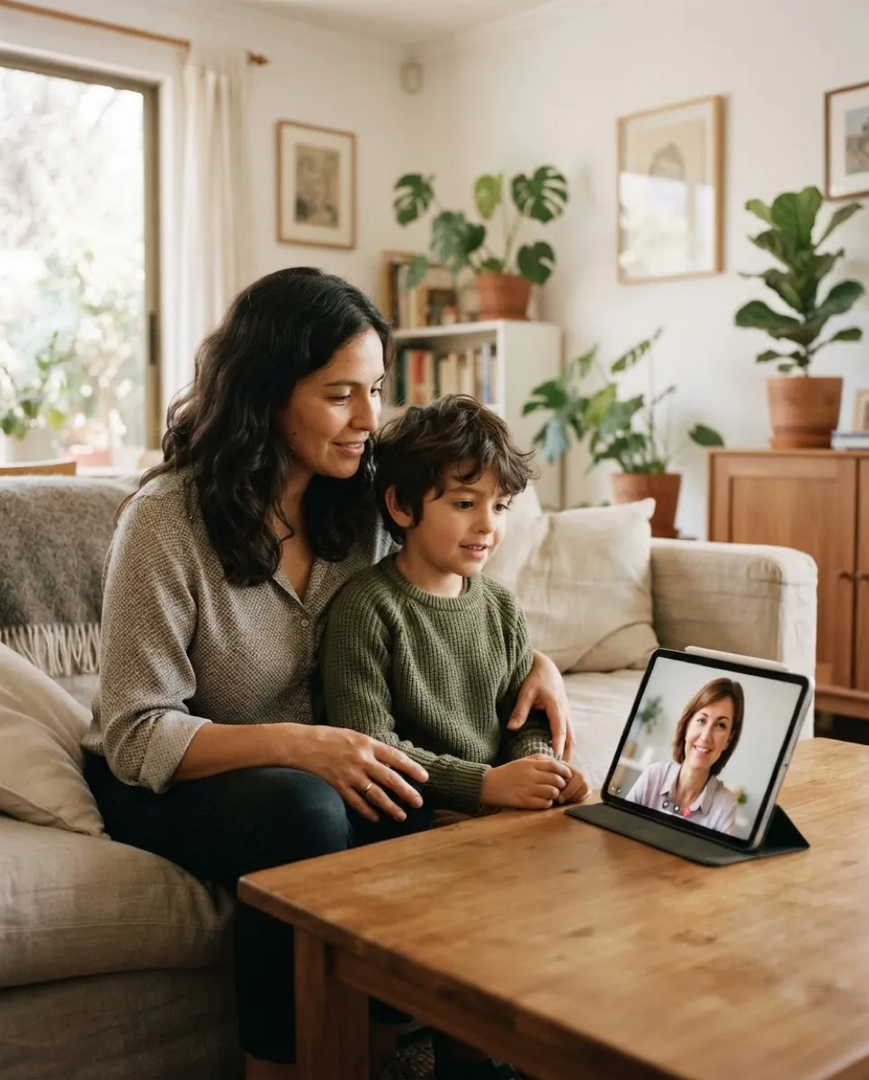 Una madre y su hijo pequeño miran una videollamada con una psicóloga en una tablet
