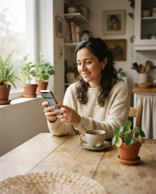 Una mujer agenda su hora desde el celular en la mesa de su cocina