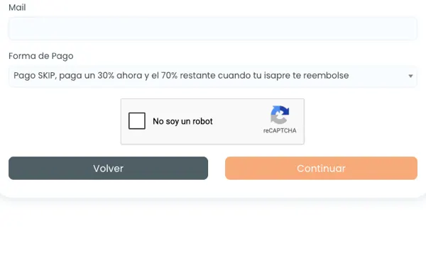 Campo Forma de Pago con la opción Pago SKIP seleccionada, el captcha y el botón Continuar