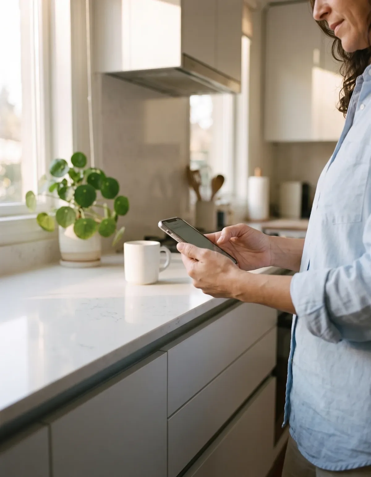 Manos de una mujer con su celular en la cocina