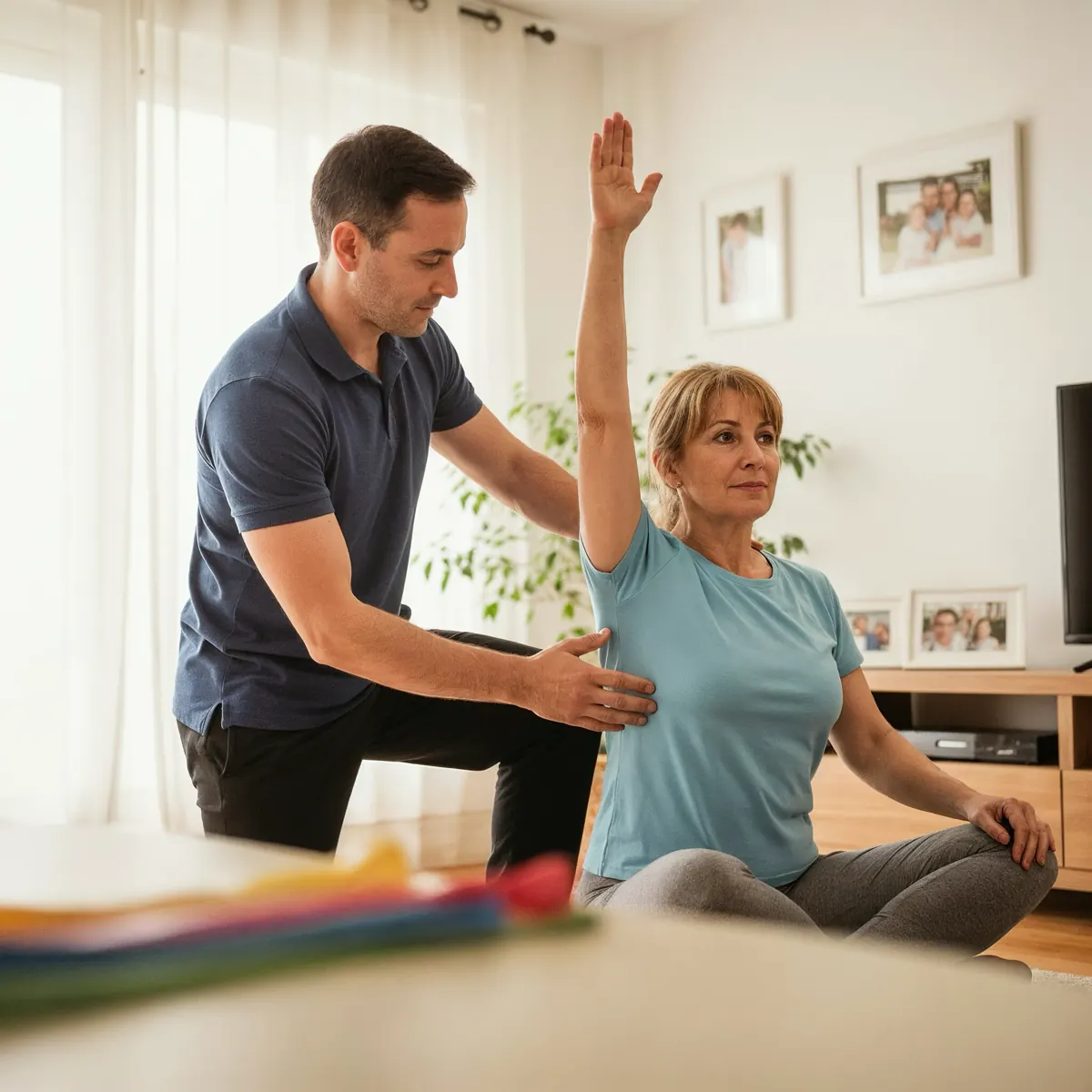 Un kinesiólogo guía los ejercicios de una mujer en su living
