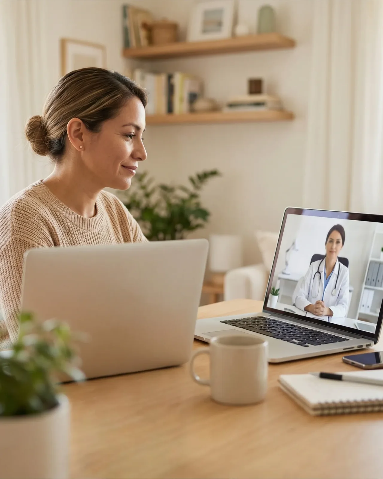 Una mujer en teleconsulta con su médica desde la mesa de su casa