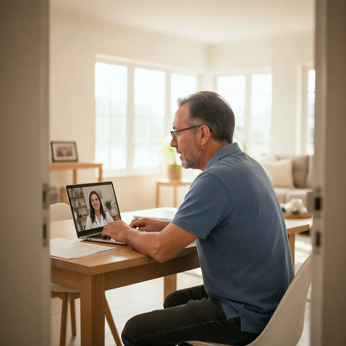 Un hombre en teleconsulta con su médico desde la mesa del comedor
