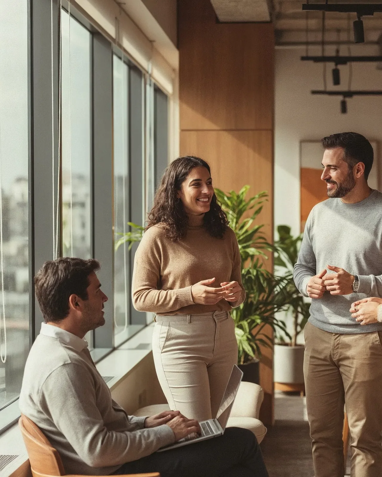 Un grupo de personas conversa de pie en una oficina luminosa