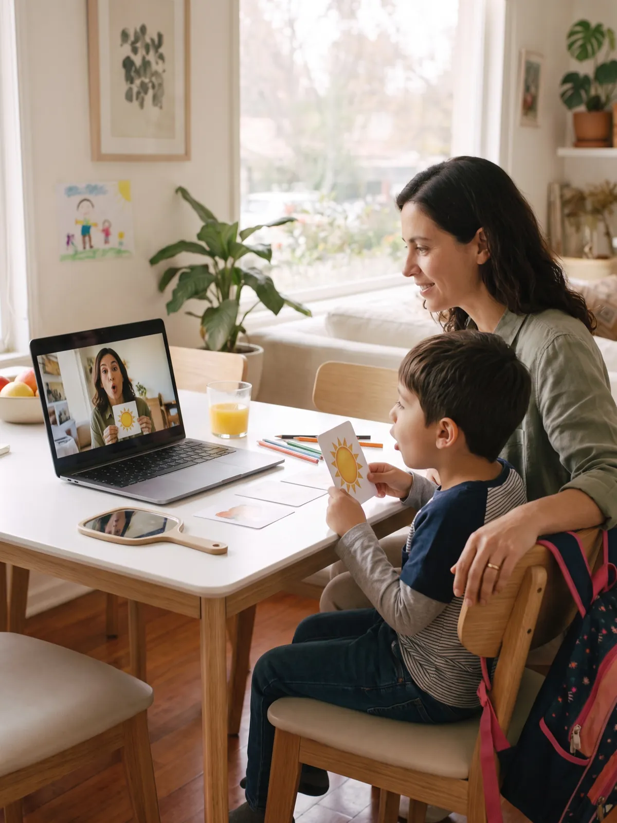 Un niño practica sonidos con tarjetas junto a su mamá en sesión de fonoaudiología por videollamada