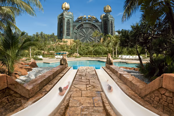 a large stone building with palm trees
