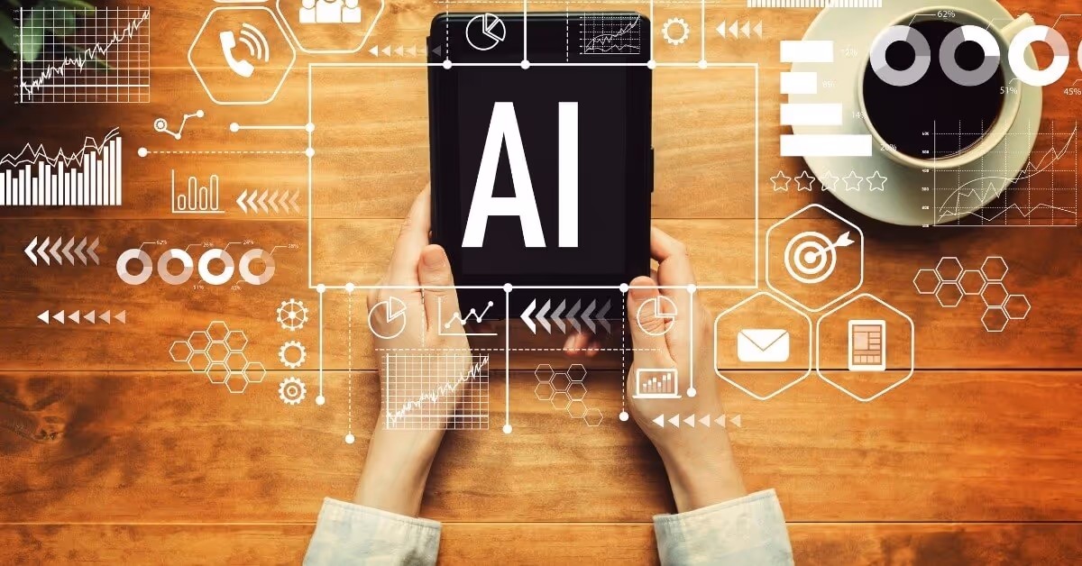 Someone holding a tablet over a desk with AI related imagery laid over the image