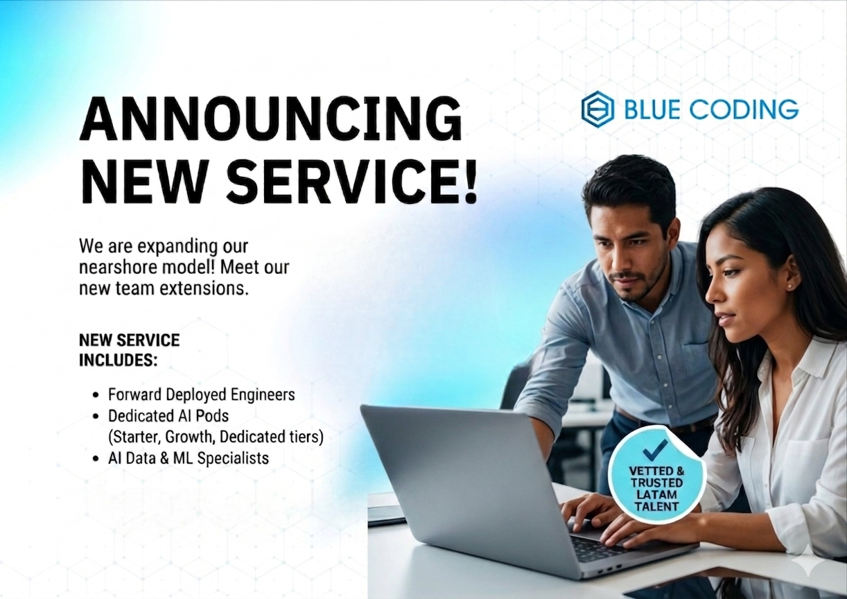 Announcement for Blue Coding's new AI services.