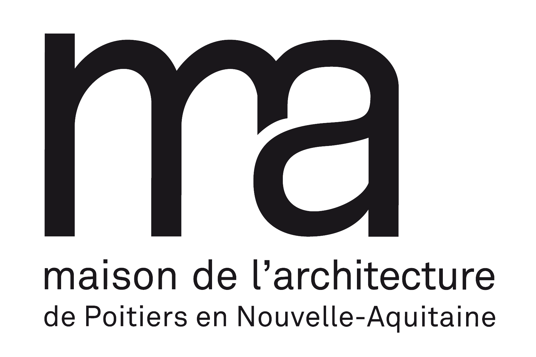 Logo stylisé avec les lettres 'ma' en noir, suivi du texte 'maison de l’architecture de Poitiers en Nouvelle-Aquitaine'.