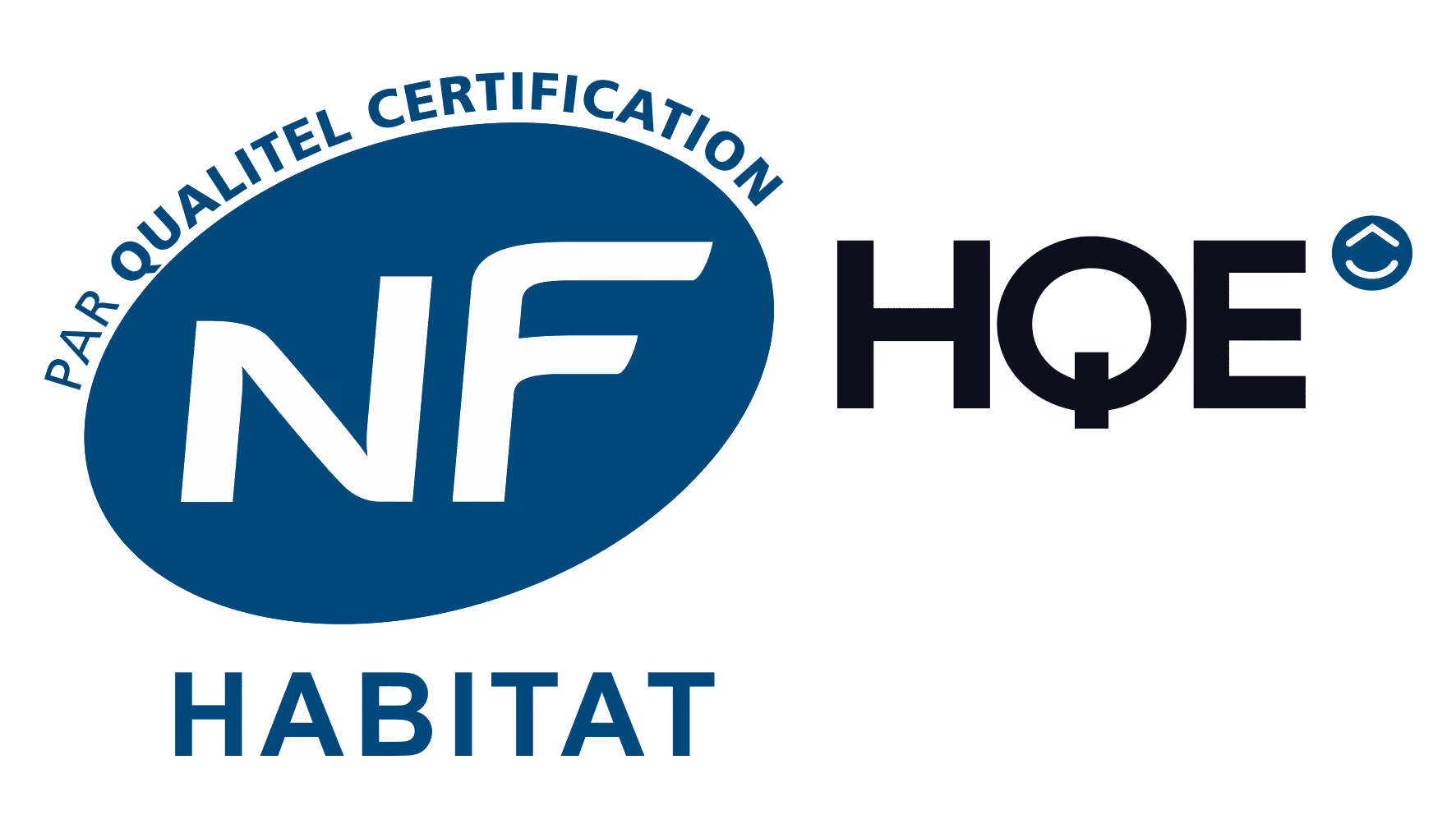 Logo de certification NF Habitat HQE avec un ovale bleu contenant les lettres blanches NF et le texte HABITAT en dessous, accompagné des lettres HQE en noir à droite.