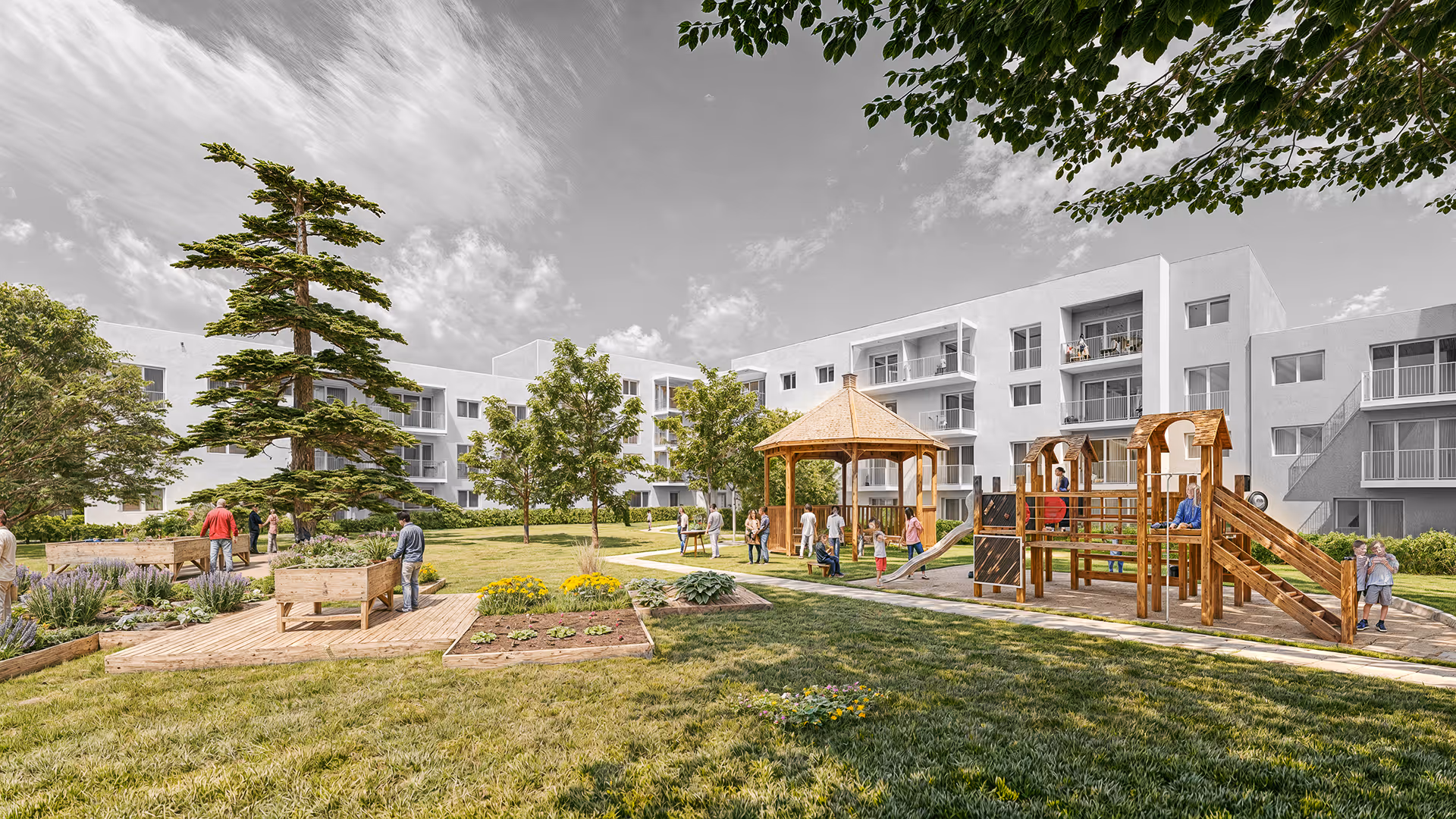 Espace extérieur d'un complexe résidentiel avec un jardin, des potagers surélevés, une structure de jeux en bois et des habitants se relaxant et socialisant.