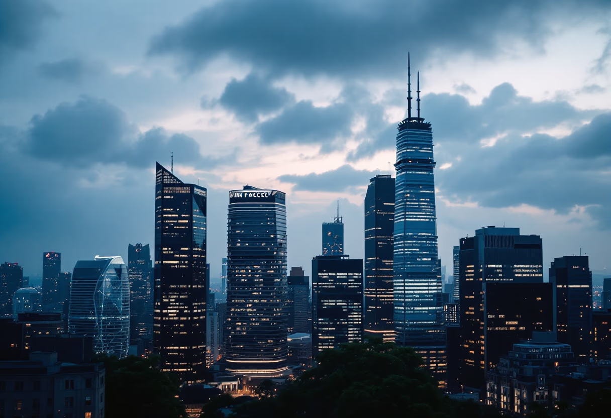 image of city skyline at sunset (for a fintech company)