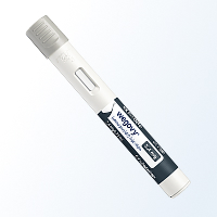White pen injector with a rotating dial and label on a light gray background.