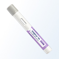 White pen injector with a rotating dial and label on a light gray background.