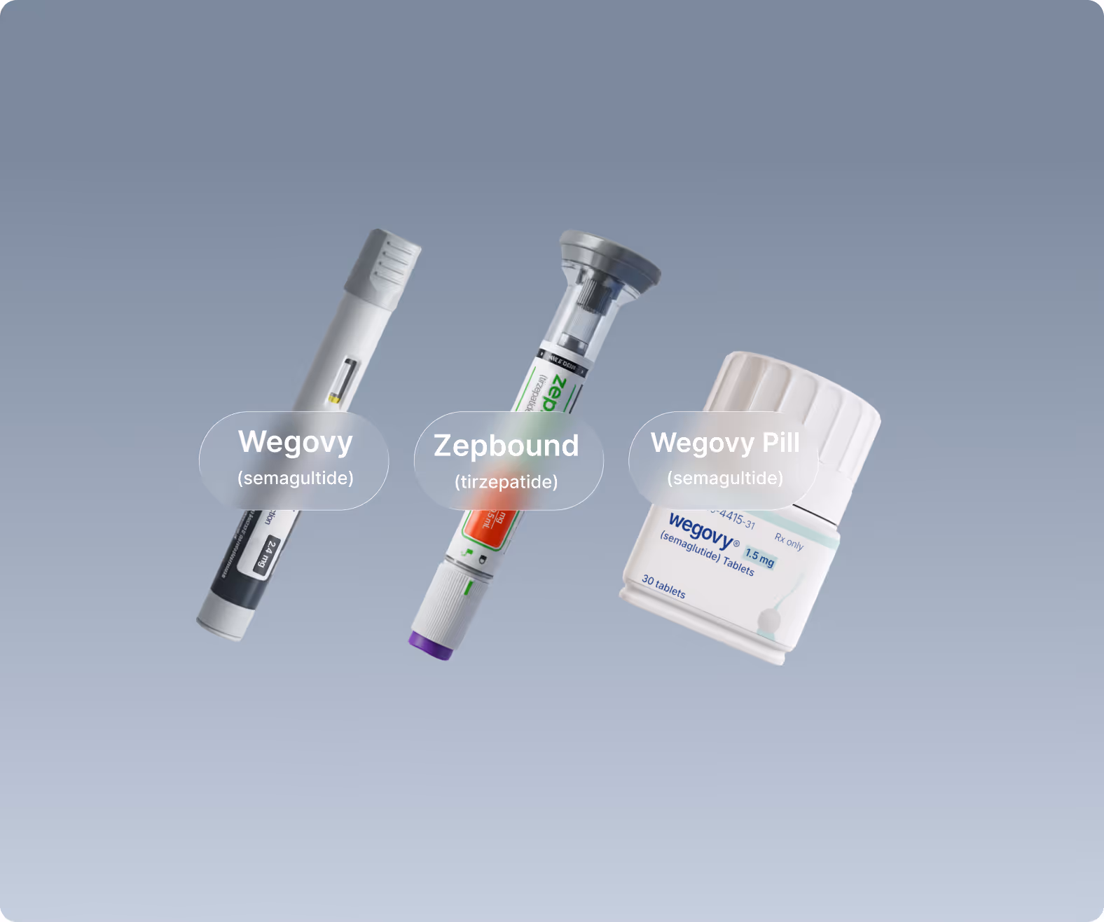 Three medication forms on a gray background: Wegovy injection pen (semaglutide), Zepbound injection pen (tirzepatide), and Wegovy Pill bottle (semaglutide).