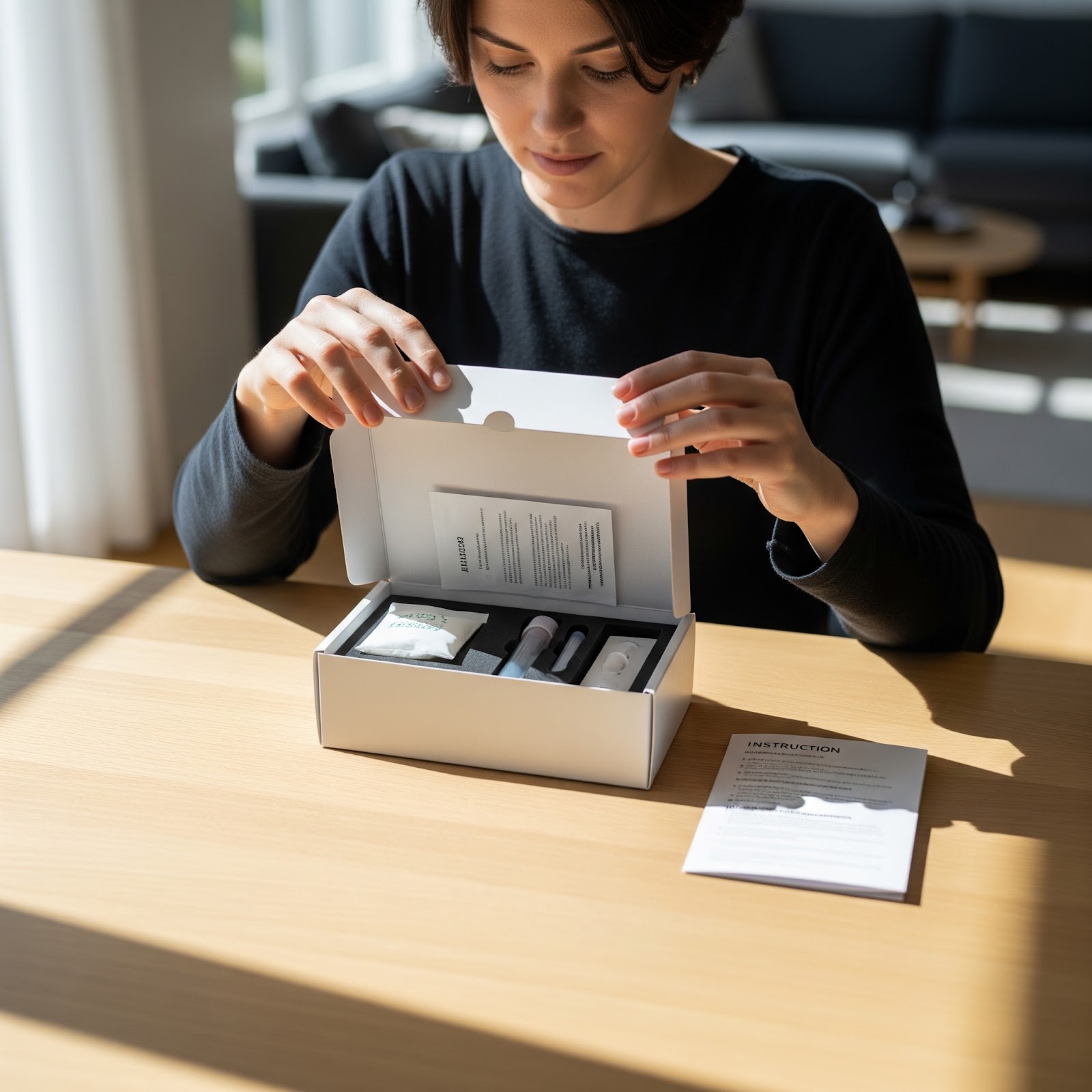 Woman opening a home testing kit box with test tubes and instructions on a wooden table.
