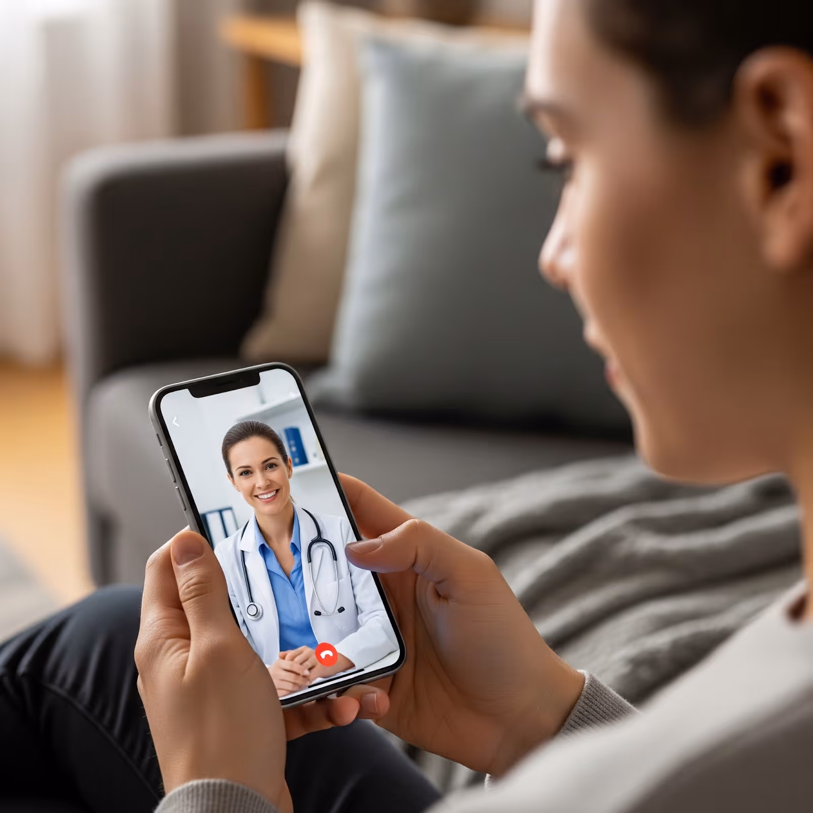 Person holding phone showing a video call with a smiling female doctor wearing a stethoscope.
