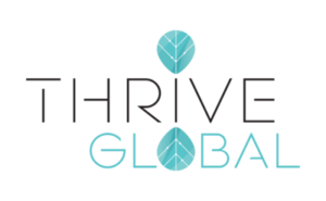 Thrive Global logo with stylized letters and two blue leaf-like shapes.