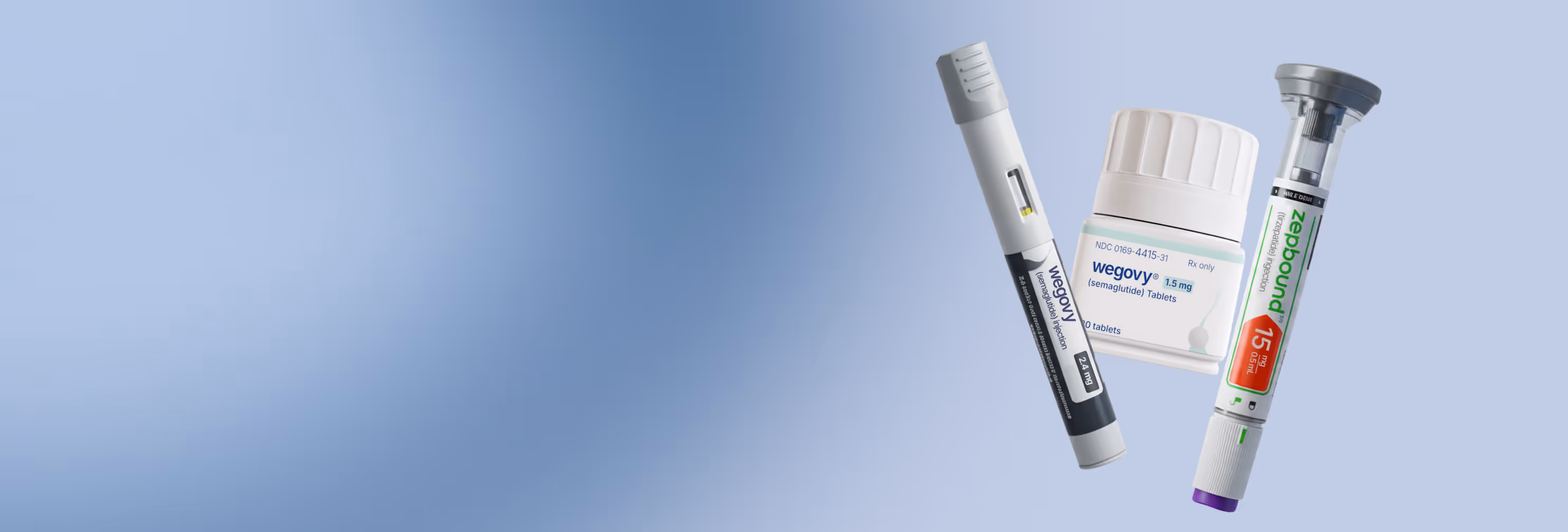 Wegovy tablets and injection pens, plus a Zepbound injection pen against a blue gradient background.