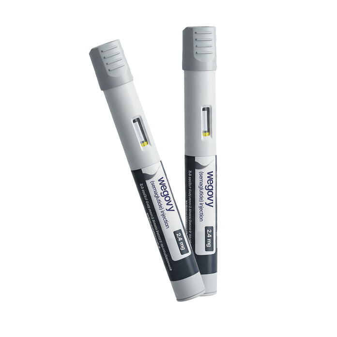 Two Wegovy semaglutide injection pens labeled 2.4 mg with gray caps on a white background.