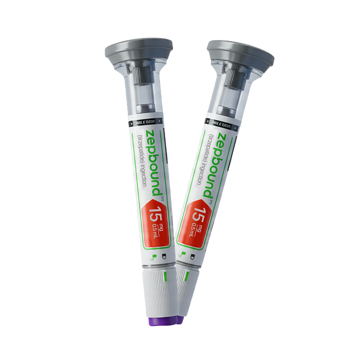 Two Zepbound 15 mg 0.5 mL tirzepatide injection pens with gray and purple caps.
