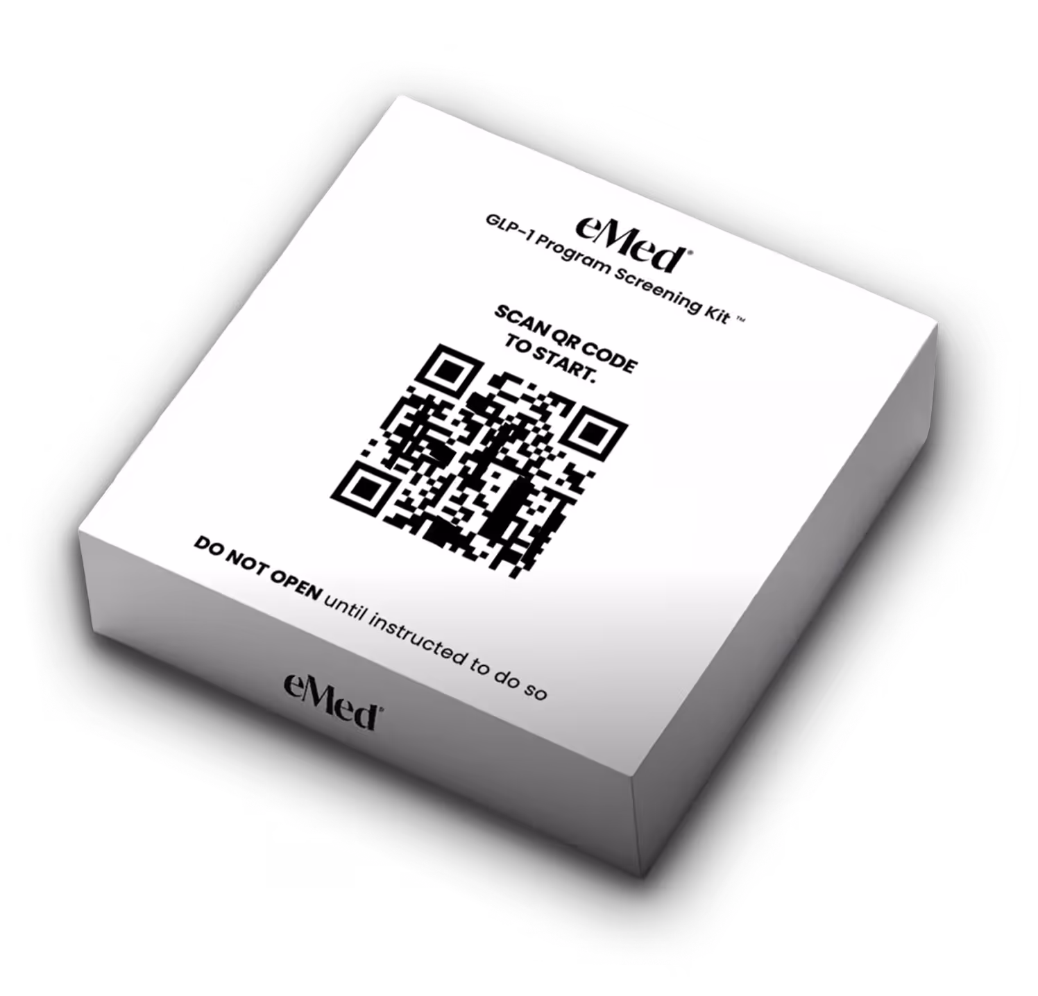 eMed GLP-1 Program Screening Kit box with a QR code and instructions not to open until directed.
