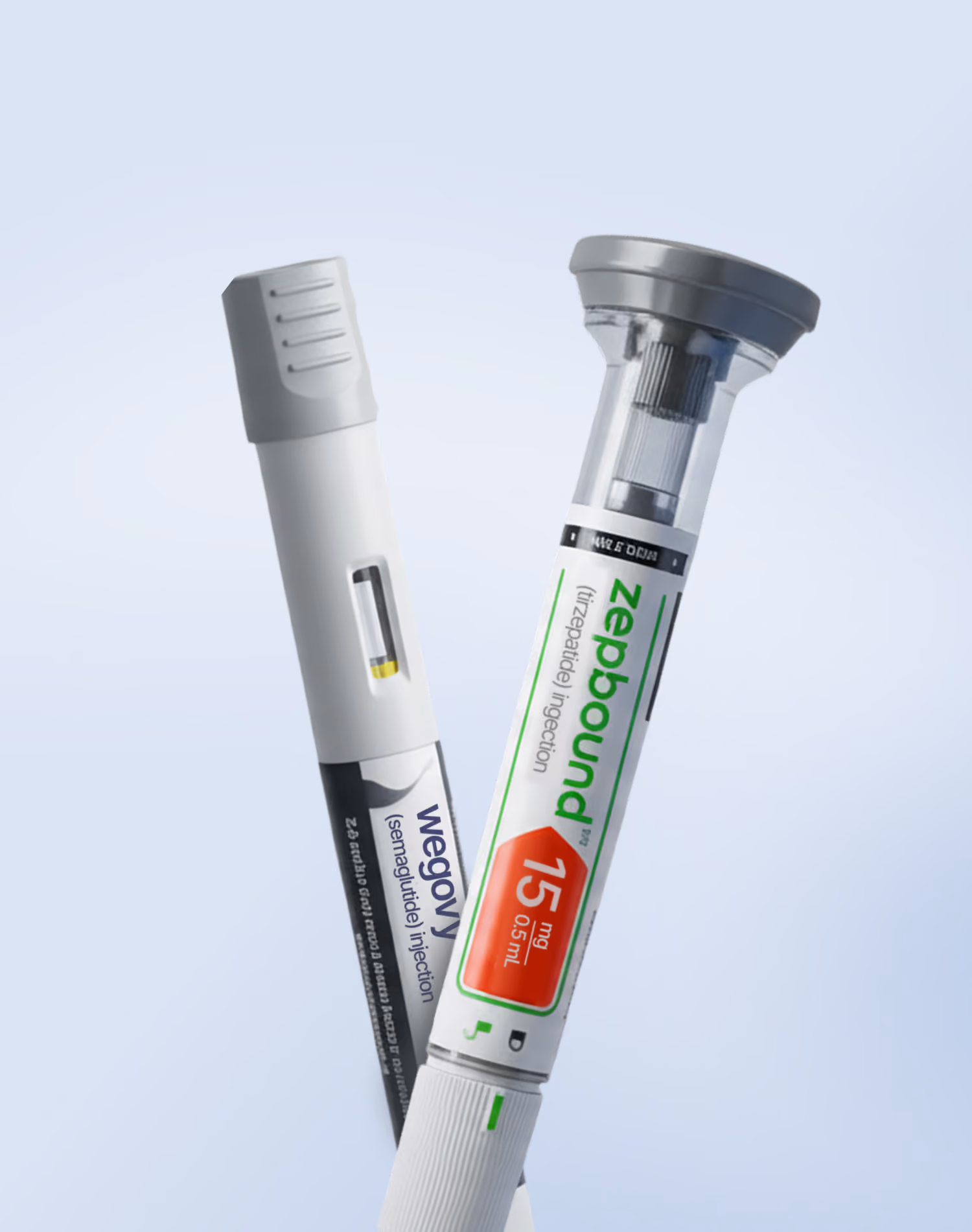 Two white injectable drug pens labeled Wegovy and Zepbound against a light blue background.