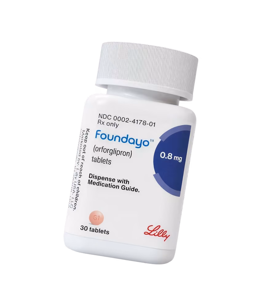 White bottle of Foundayo (orforglipron) tablets 0.8 mg, 30 tablets by Lilly with medication guide note.