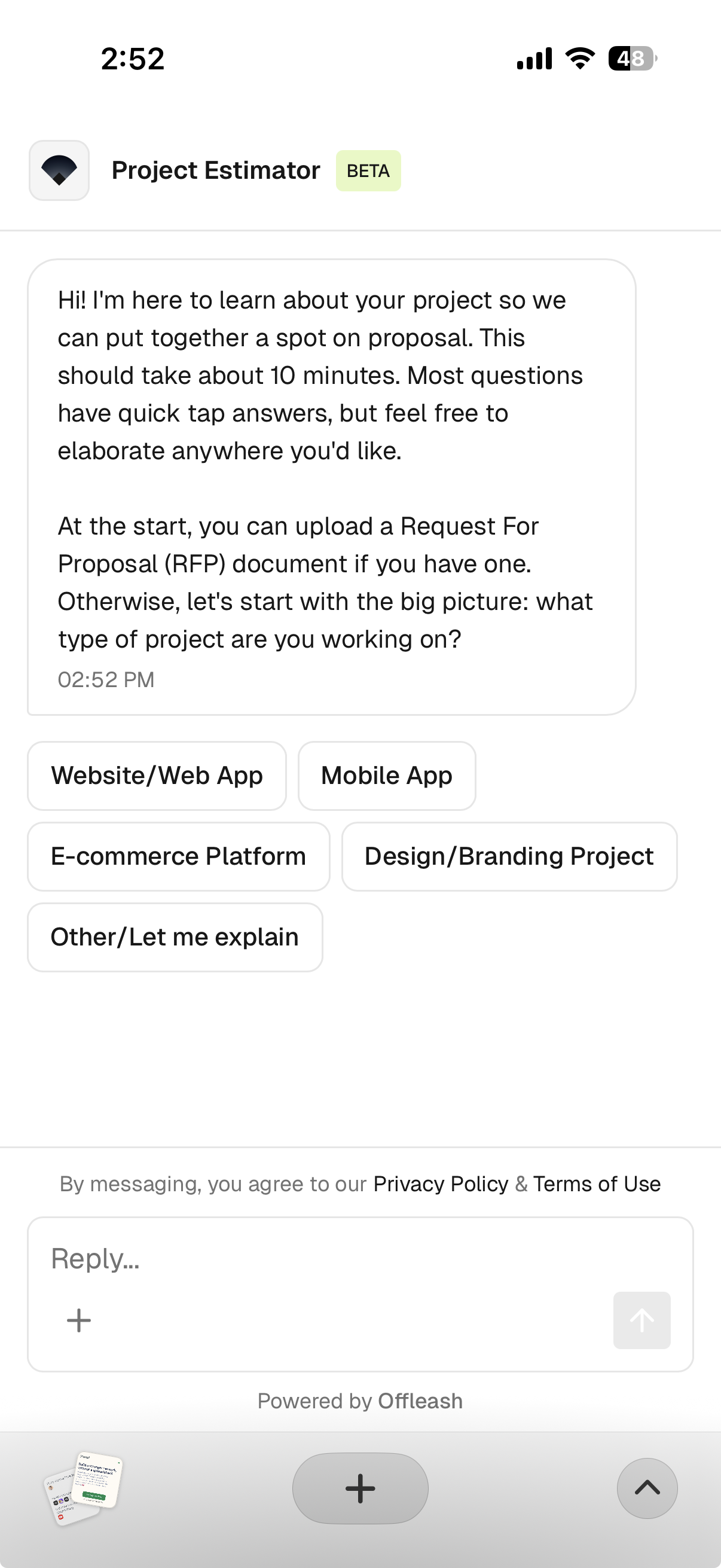 Chat interface of Project Estimator app asking about project type with options Website/Web App, Mobile App, E-commerce Platform, Design/Branding Project, and Other/Let me explain.